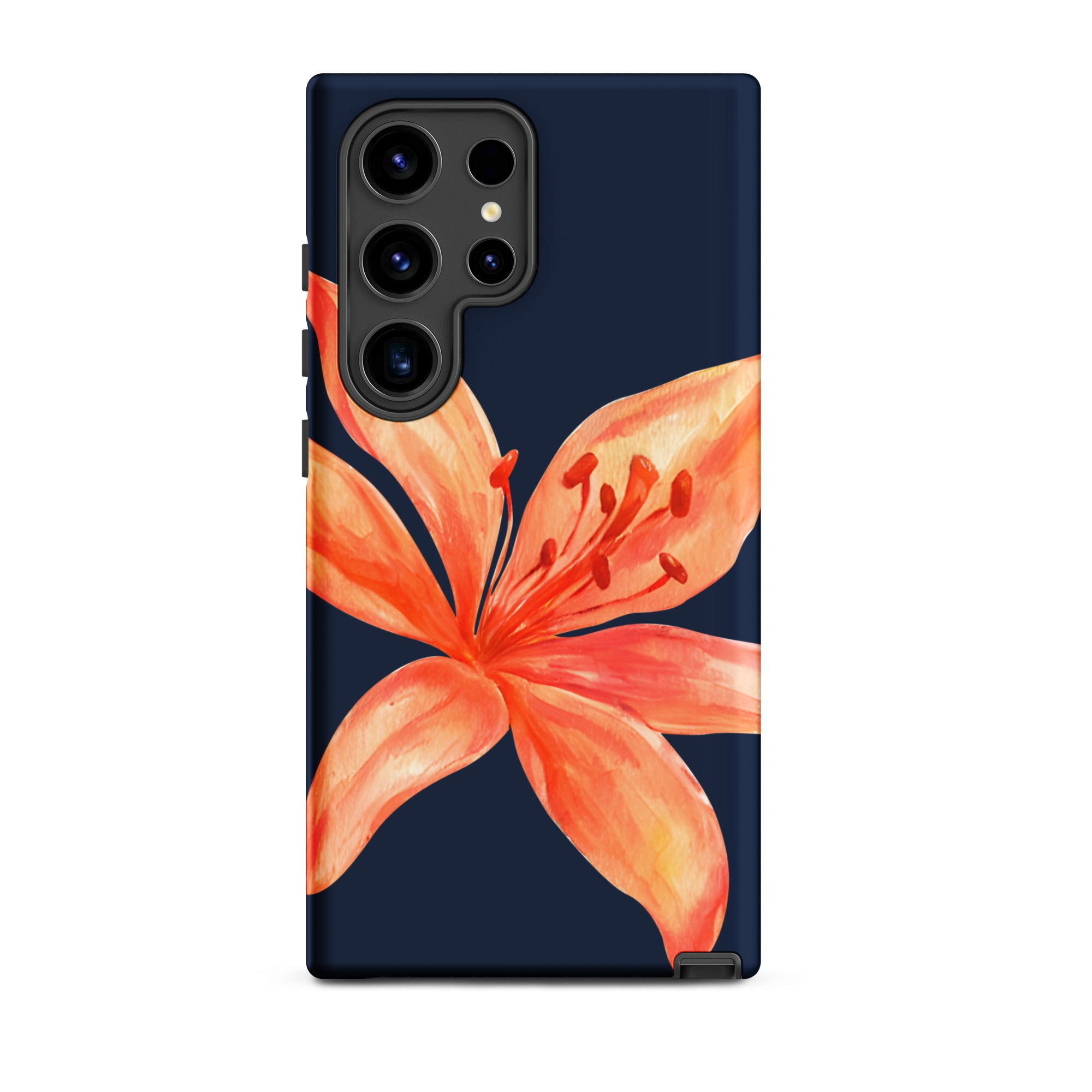 Floral Samsung Case - Dual Layer Protection With Coral Navy Tiger Lily Design featuring a vibrant orange flower on navy background