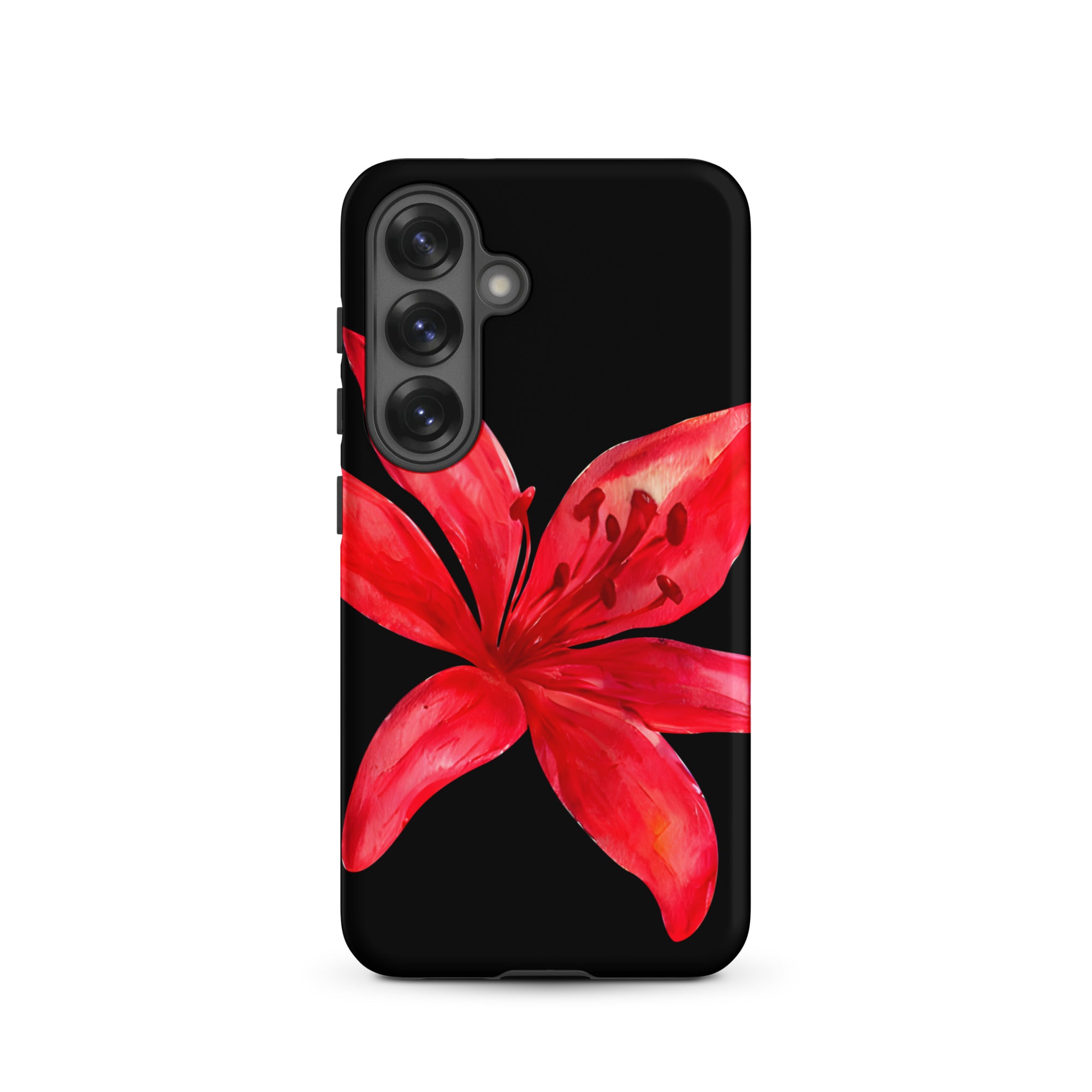 Tiger Lily Samsung Case - Red And Black Tiger Lily Floral Design With Durable Protection showing a vibrant red flower on black background