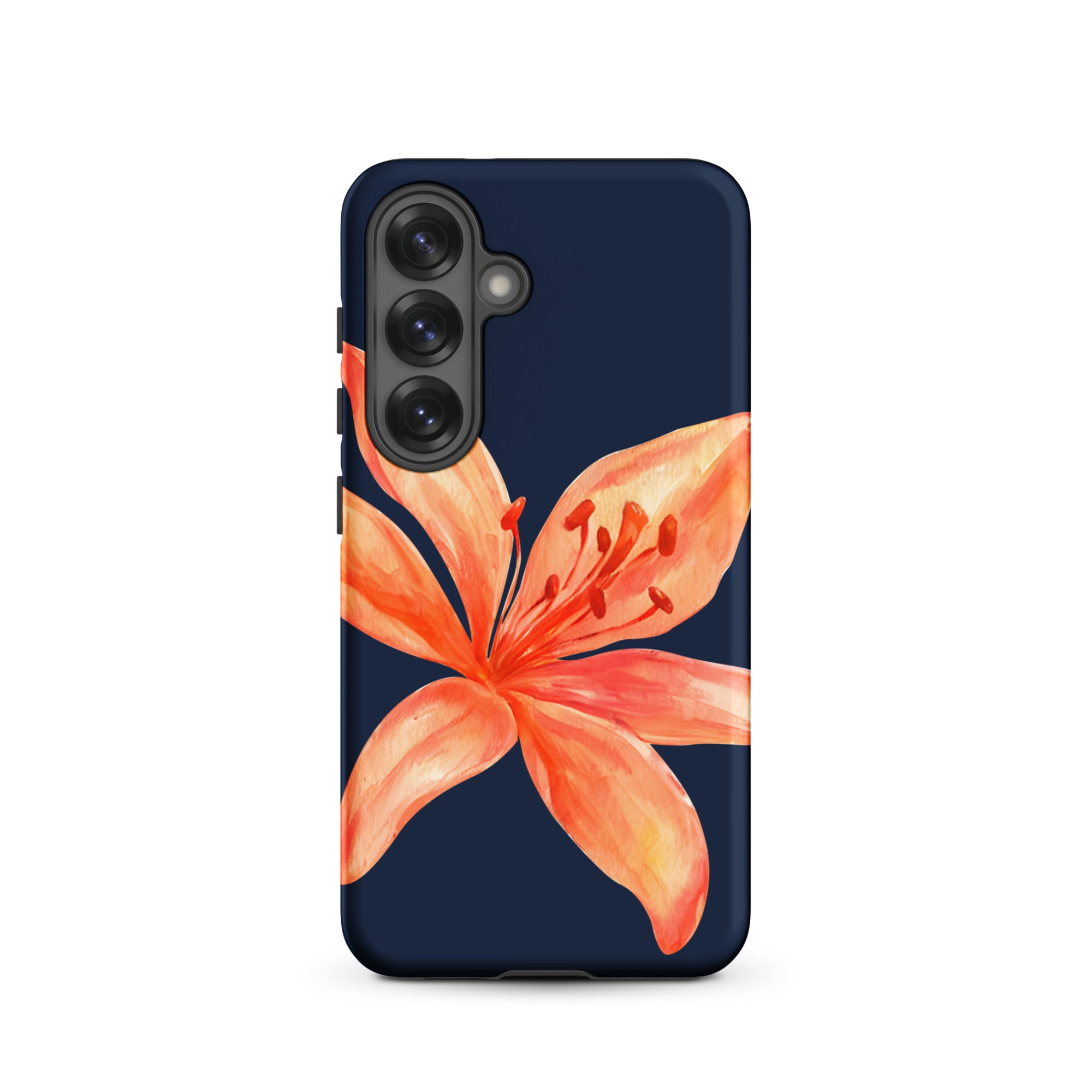 Floral Samsung Case - Dual Layer Protection With Coral Navy Tiger Lily Design showcasing an orange flower on dark navy background