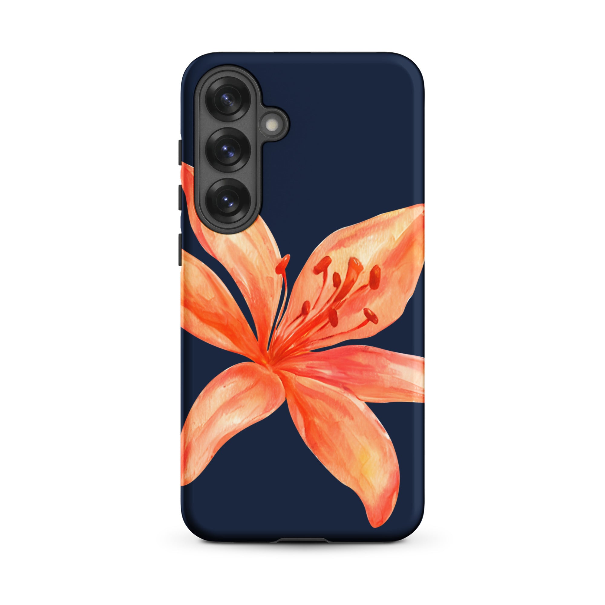 Floral Samsung Case - Dual Layer Protection With Coral Navy Tiger Lily Design featuring a large coral tiger lily on navy background